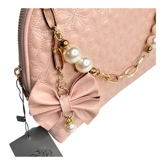 Vince Camuto Cosmetic Bag Blush Pink Bow Gold Pearls Chain Zip 10.5" Makeup Case - Picture 3 of 7